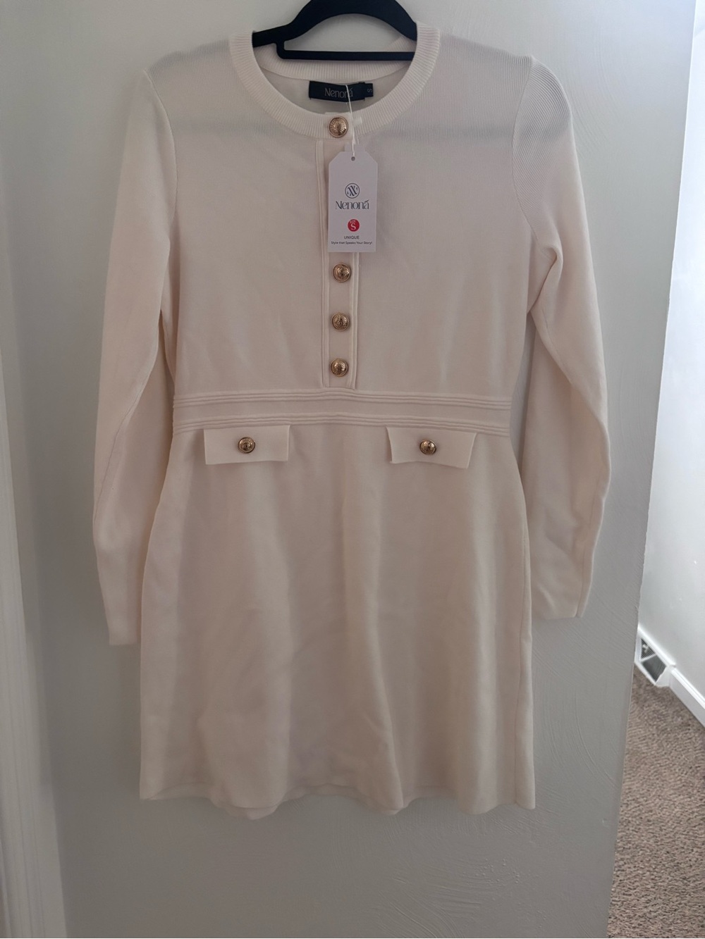 Nenona cream Long Sleeve Knit Dress with Gold Buttons